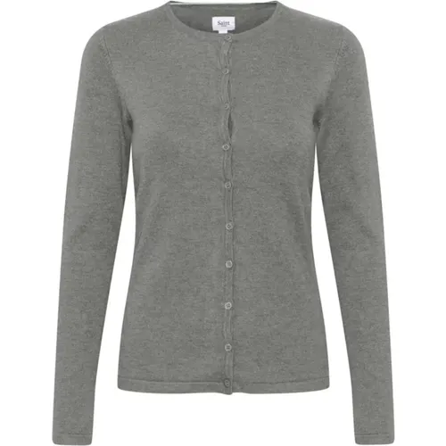 MilaSZ R-Neck Cardigan Mist Grey , female, Sizes: XS, M, L, S, XL, 2XL - Saint Tropez - Modalova