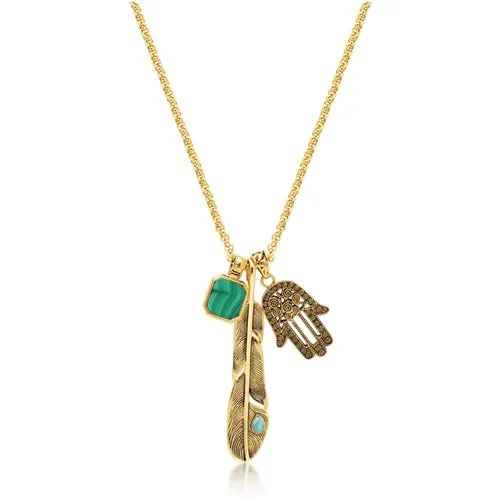 Golden Talisman Necklace with Feather, Malachite, Hamsa Hand , male, Sizes: ONE SIZE - Nialaya - Modalova