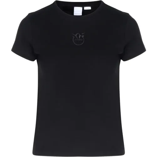 Schwarzes T-Shirt mit Love Birds Stickerei , Damen, Größe: M - pinko - Modalova