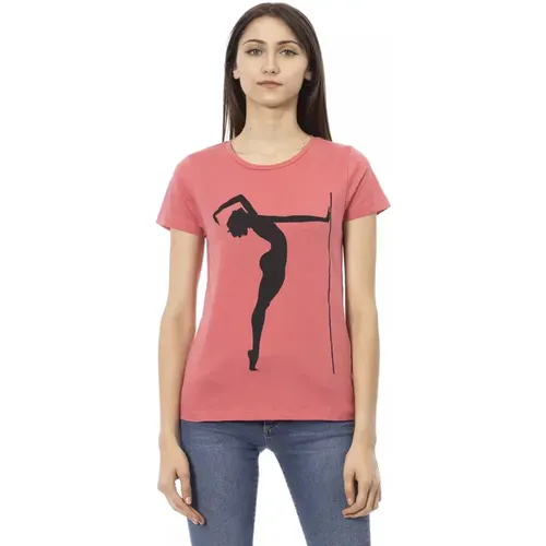 Rosa Baumwoll T-Shirt mit Kurzen Ärmeln und Frontdruck , Damen, Größe: M - Trussardi - Modalova