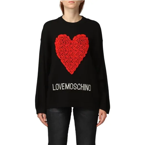 Schwarzer Acrylpullover mit geprägtem Herz , Damen, Größe: L - Love Moschino - Modalova