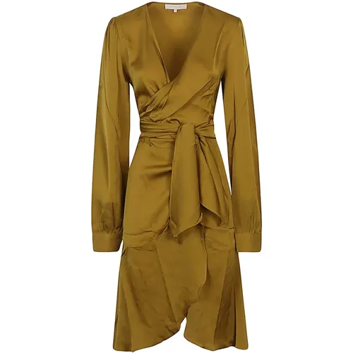 Goldenes V-Ausschnitt Ausgestelltes Kleid , Damen, Größe: M - Silk95Five - Modalova