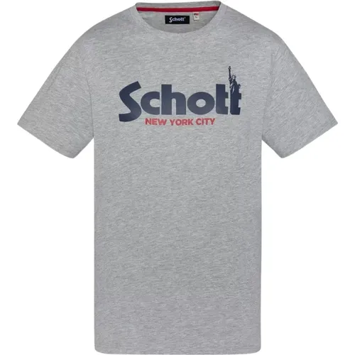 Baumwoll Logo TShirt Grau Rundhals Kurzarm , Herren, Größe: L - Schott NYC - Modalova