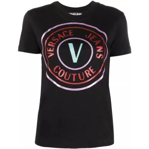 Glitzer Logo Kurzarm T-Shirt , Damen, Größe: M - Versace Jeans Couture - Modalova