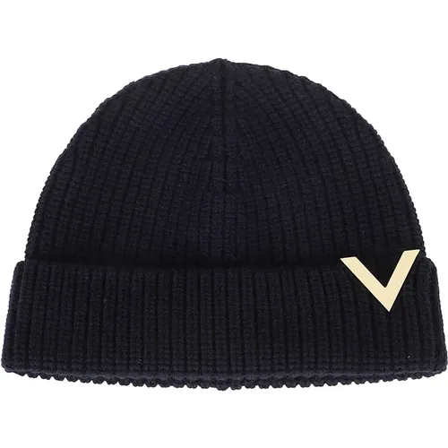 Kaschmir Strickmütze mit Metall VLogo,Kaschmir Gestrickte Beanie Metall VLogo Detail - Valentino Garavani - Modalova