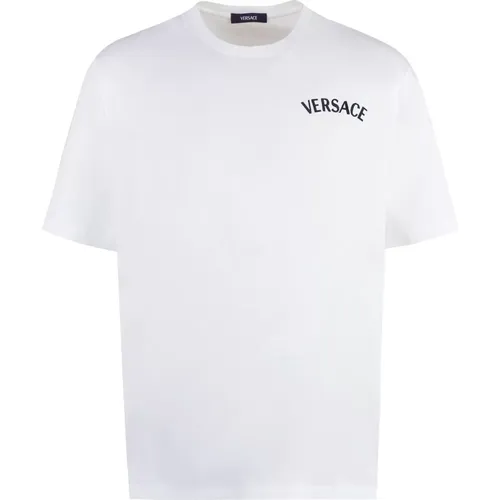 Logo Baumwoll-T-Shirt,Gestreiftes Baumwoll-T-Shirt mit geripptem Ausschnitt - Versace - Modalova