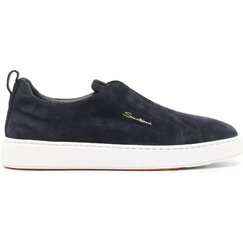 Navy Suede Logo Sneakers , male, Sizes: 11 UK, 7 1/2 UK, 9 1/2 UK - Santoni - Modalova