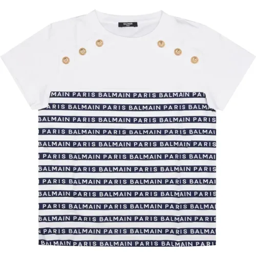Kinder Baumwoll Crew-neck T-shirt mit Logo-Print und seitlichen Knöpfen - Balmain - Modalova