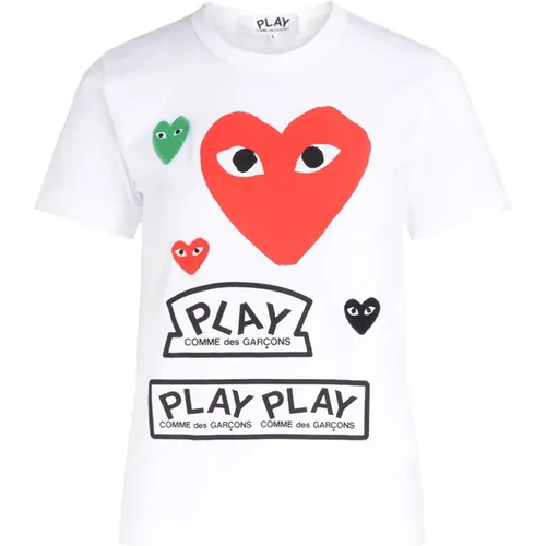 Weißes T-Shirt mit rotem Herz und mehrfarbigen Logos , Damen, Größe: S - Comme des Garçons Play - Modalova