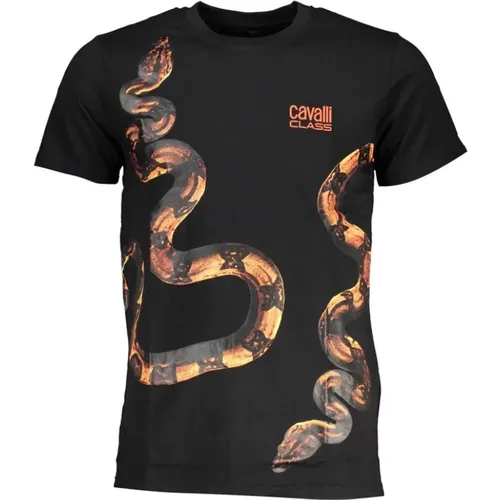 Schwarzes Baumwoll T-Shirt mit Logo-Druck , Herren, Größe: XL - Cavalli Class - Modalova