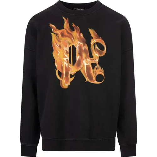 Schwarzer Flammender Monogramm Crew-neck Sweatshirt , Herren, Größe: M - Palm Angels - Modalova