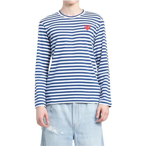 Blau gestreiftes Langarm-T-Shirt mit roter Herzstickerei , Herren, Größe: XL - Comme des Garçons Play - Modalova