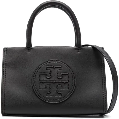 Schwarze Lederhandtasche mit Magnechem Verschluss,Schwarze Eco-Leder Einkaufstasche mit Doppeltem T-Logo - TORY BURCH - Modalova