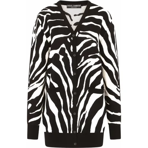 Schwarze Zebra Print Pullover mit V-Ausschnitt und Knopfleiste - Dolce & Gabbana - Modalova