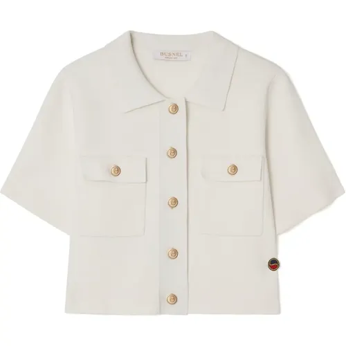 Short Sleeve Ecru Jacket with Golden B-Button Detail , female, Sizes: L, XL, M - Busnel - Modalova