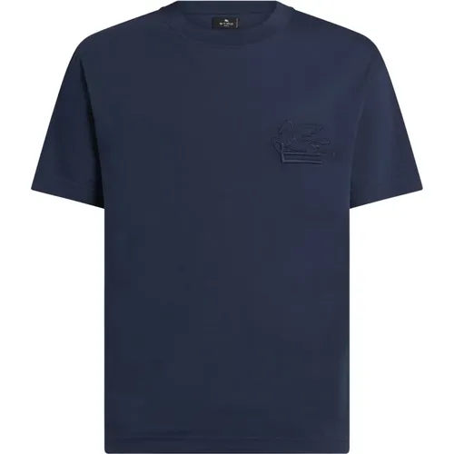 Blau Baumwoll Jersey T-Shirt mit Besticktem Logo - ETRO - Modalova