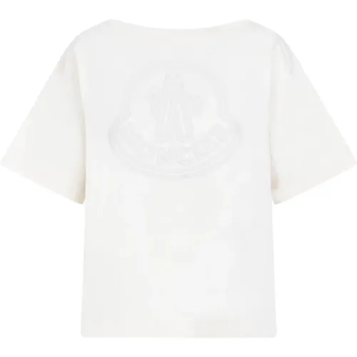 White Cotton T-shirt Wide Collar , female, Sizes: M, S - Moncler - Modalova