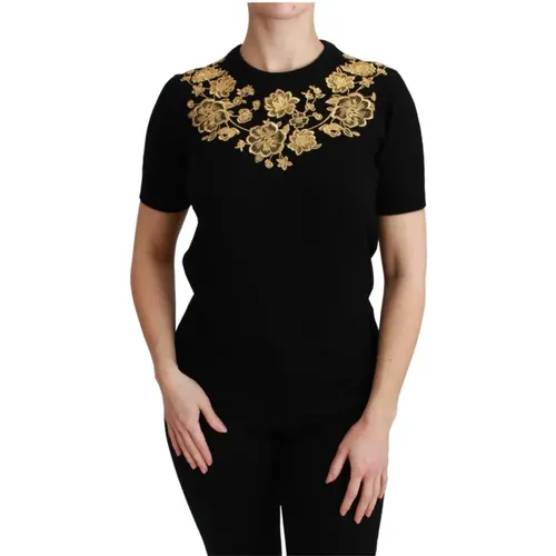 Schwarzer Kaschmir Goldener Blumenpullover , Damen, Größe: 3XS - Dolce & Gabbana - Modalova