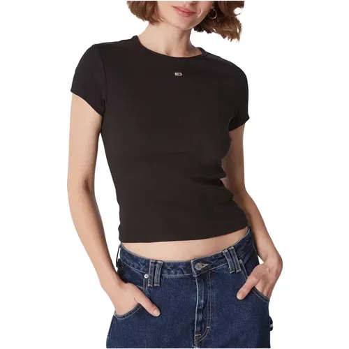 Schwarzes geripptes T-Shirt , Damen, Größe: XS - Tommy Jeans - Modalova