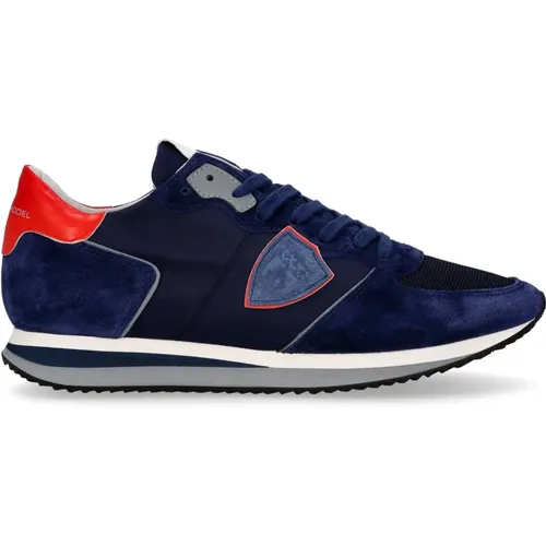 Blau Rote Nylon Leder Sneakers für Männer , Herren, Größe: 47 EU - Philippe Model - Modalova