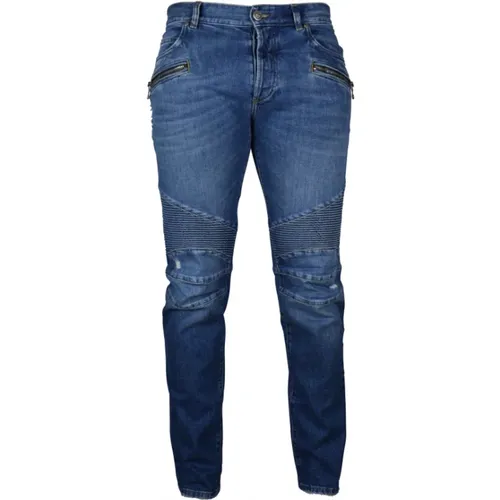 Blaue Slim-Fit Jeans mit Rippeneinsätzen - Balmain - Modalova