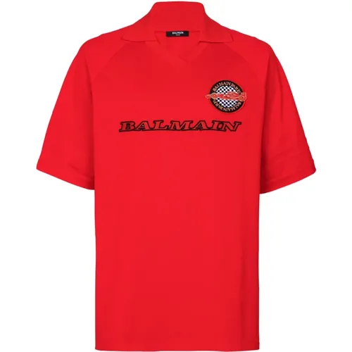 Piqué-Poloshirt aus Baumwolle mit Racing-Stickerei - Balmain - Modalova
