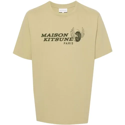 Olivgrünes Logo Print T-Shirt , Herren, Größe: L - Maison Kitsuné - Modalova