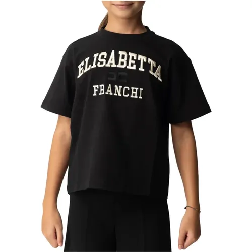 Schwarzes T-Shirt mit Spitzen-Details - Elisabetta Franchi - Modalova