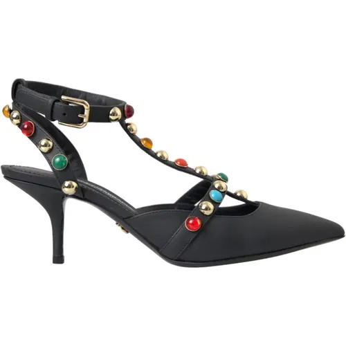 Schwarze Leder verzierte Absatzsandalen - Dolce & Gabbana - Modalova