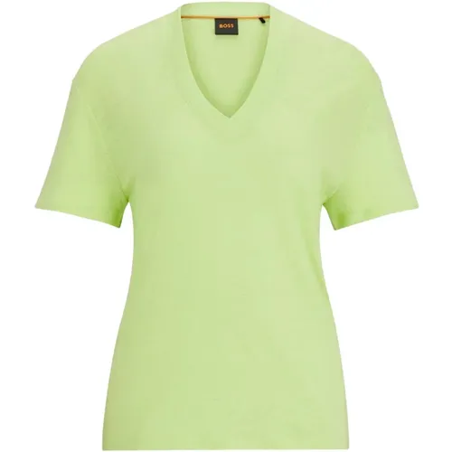 Grünes Leinen V-Ausschnitt T-Shirt , Damen, Größe: M - Boss - Modalova