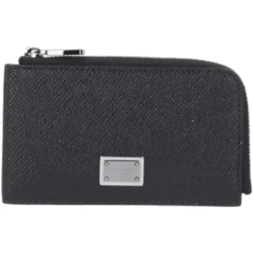 Schwarze Leder-Reißverschluss-Brieftasche mit Logo-Anhänger - Dolce & Gabbana - Modalova