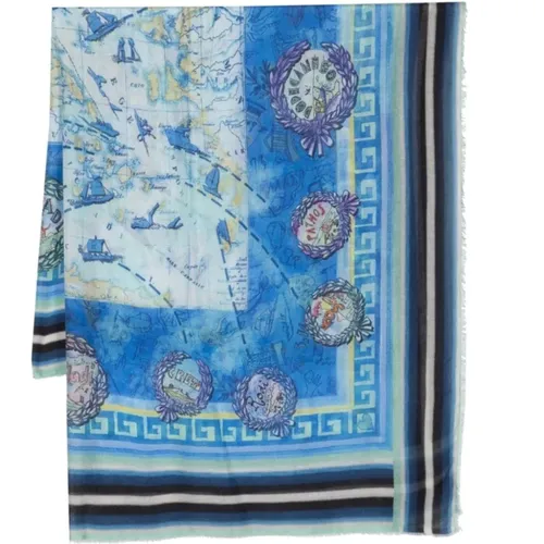 Blauer Seidenmischschal mit Kartenprint , Damen, Größe: ONE Size - Faliero Sarti - Modalova