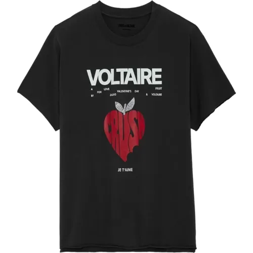 Dunkelgraues Baumwoll-T-Shirt mit Strassdetails - Zadig & Voltaire - Modalova
