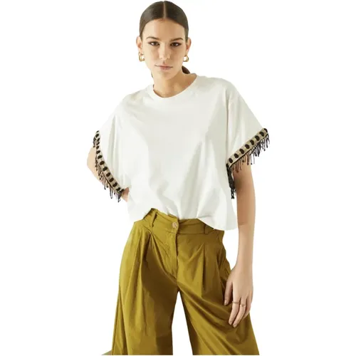 Cotton T-Shirt with Beaded Trim - XS , female, Sizes: S - Souvenir - Modalova