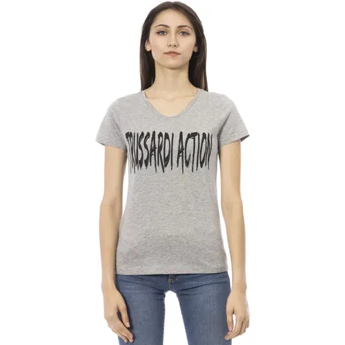 Kurzarm V-Ausschnitt T-Shirt - Frontdruck , Damen, Größe: M - Trussardi - Modalova