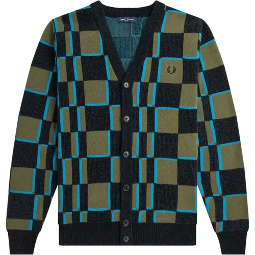 Distorted Check Jacquard Cotton Blend Cardigan , male, Sizes: S, M - Fred Perry - Modalova
