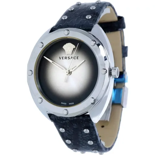 Schwarze Leder Silber Edelstahl Uhr - Versace - Modalova