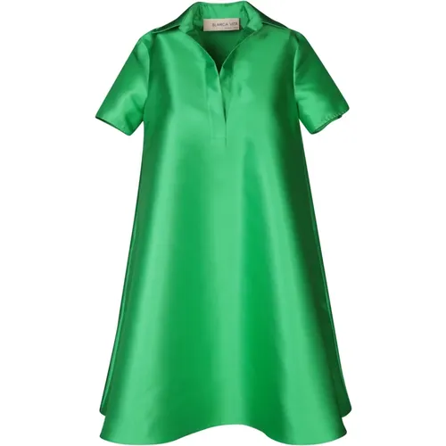 Grünes A-Linien-Kleid mit Mandarin-Kragen , Damen, Größe: XS - Blanca Vita - Modalova
