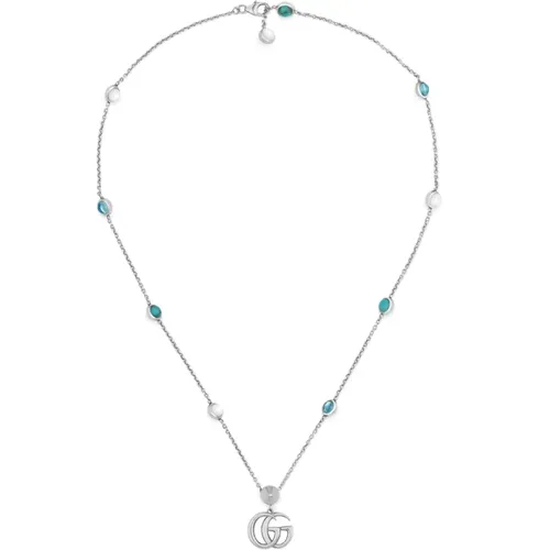 Ybb527399001 - Argento 925, Madreperla, Topazio, Resina - Necklace with Interlocking G pendant in shiny aged sterling silver, mother of pearl, blue to - Gucci - Modalova