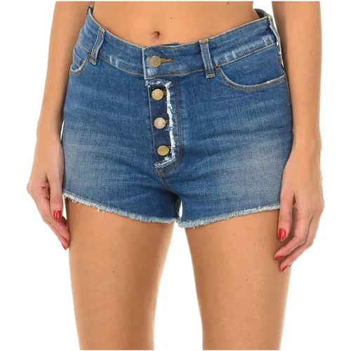 Blaue Denim Shorts mit Fransensaum , Damen, Größe: W28 - Armani Jeans - Modalova