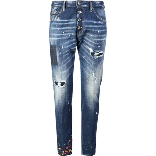 Blaue Jeans mit Ripped Details und Blumenpatch - Dsquared2 - Modalova