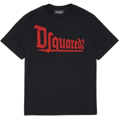 Schwarzes Kinder T-Shirt mit rotem Logo-Print - Dsquared2 - Modalova