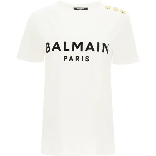 T-Shirt mit Logo-Print und geprägten Knöpfen , Damen, Größe: XS - Balmain - Modalova