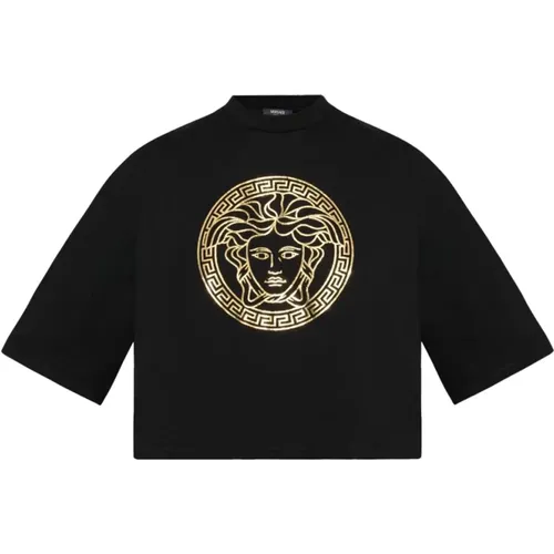 Schwarzes Baumwoll-Jersey-Logo-T-Shirt , Damen, Größe: XS - Versace - Modalova