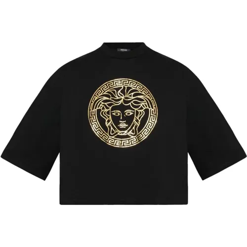 Schwarzes Baumwoll-Jersey-Logo-T-Shirt , Damen, Größe: 3XS - Versace - Modalova