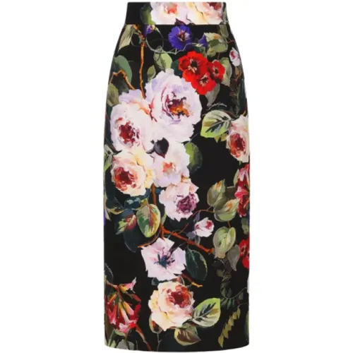 Black Silk Floral Print Midi Pencil Skirt , female, Sizes: S - Dolce & Gabbana - Modalova