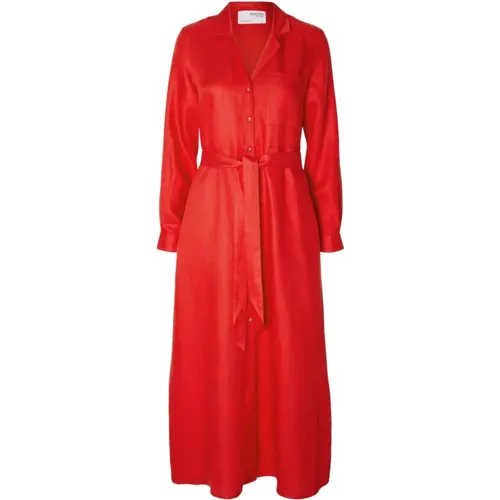 Lyra Linen Shirt Dress - Flame Scarlet , female, Sizes: M, S - Selected Femme - Modalova