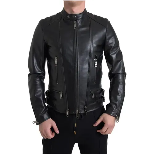 Schwarze Leder-Zipperjacke für Herren - Dolce & Gabbana - Modalova