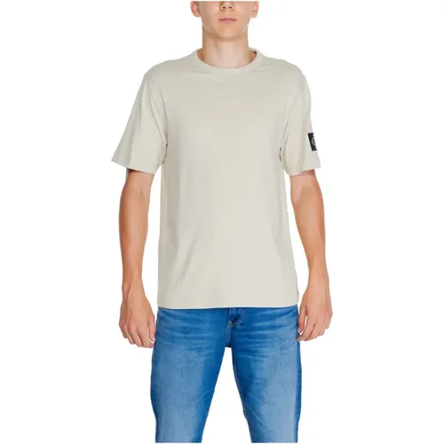 Beiger Einfarbiger Kurzarm-T-Shirt , Herren, Größe: XL - Calvin Klein Jeans - Modalova