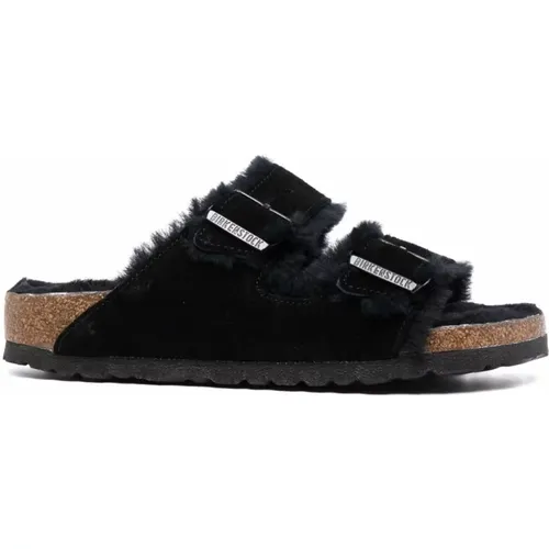 Schwarze Flache Shearling Sandalen , Damen, Größe: 38 EU - Birkenstock - Modalova